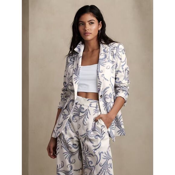 NWT Banana Republic "Long & Lean" Blue White Print Linen 1 Button Blazer size 14 - Picture 1 of 10